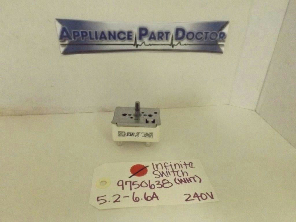 WHIRLPOOL STOVE 9750638 INFINITE SWITCH 5.2-6.6A 240V (WHITE) USED WHIRLPOOL STOVE 9750638 INFINITE SWITCH 5.2-6.6A 240V (WHITE) USED